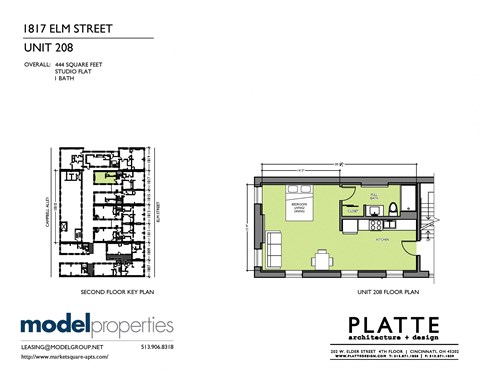Floor plan for studio, 1 bath, 444 sqft